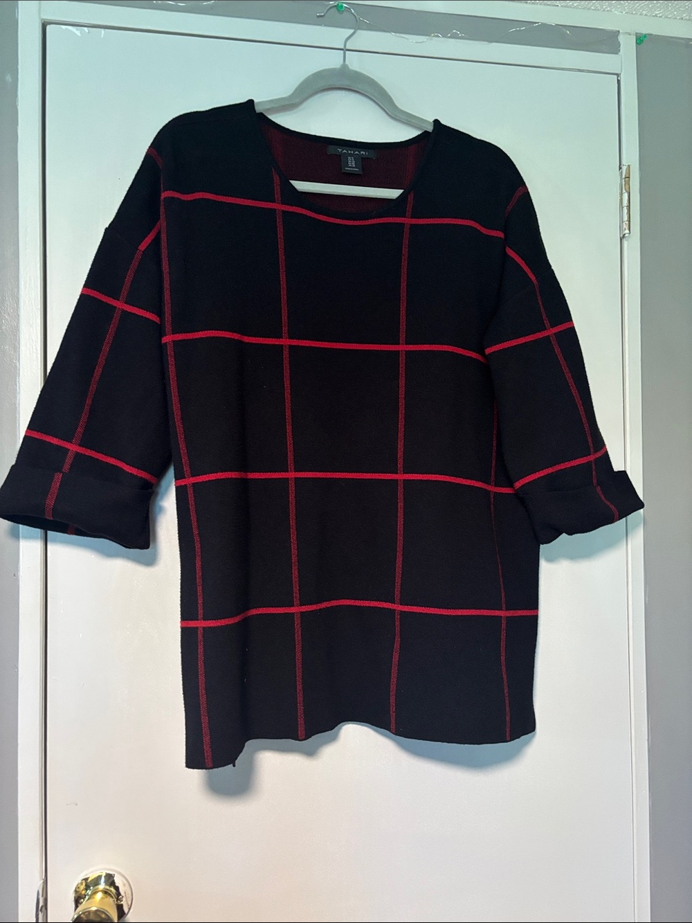 Tahara Black Knit Top with Red Windowpane Grid